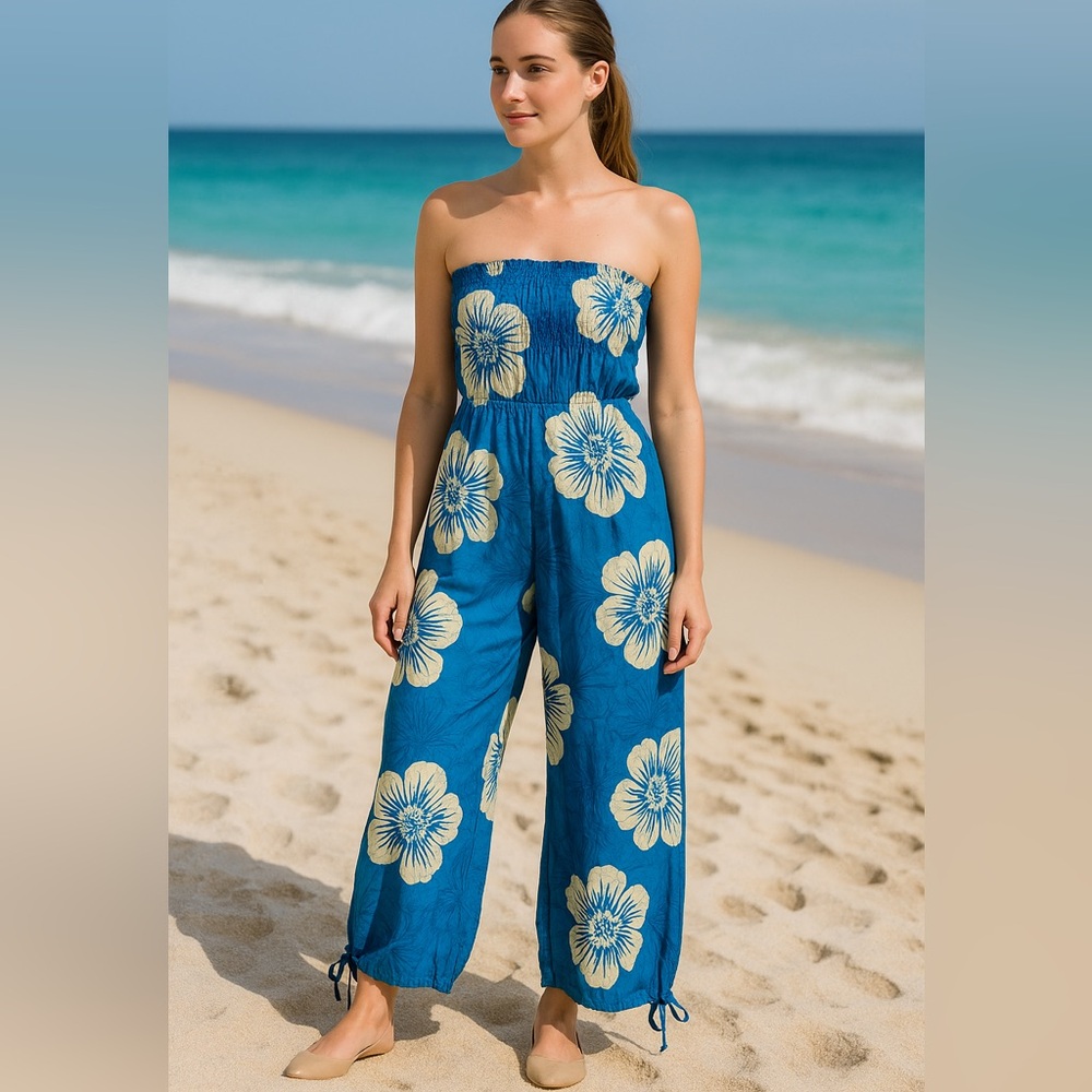 Blue/white Boho Tie-Dye Strapless smocked chest Jumpsuit beach resort size size
